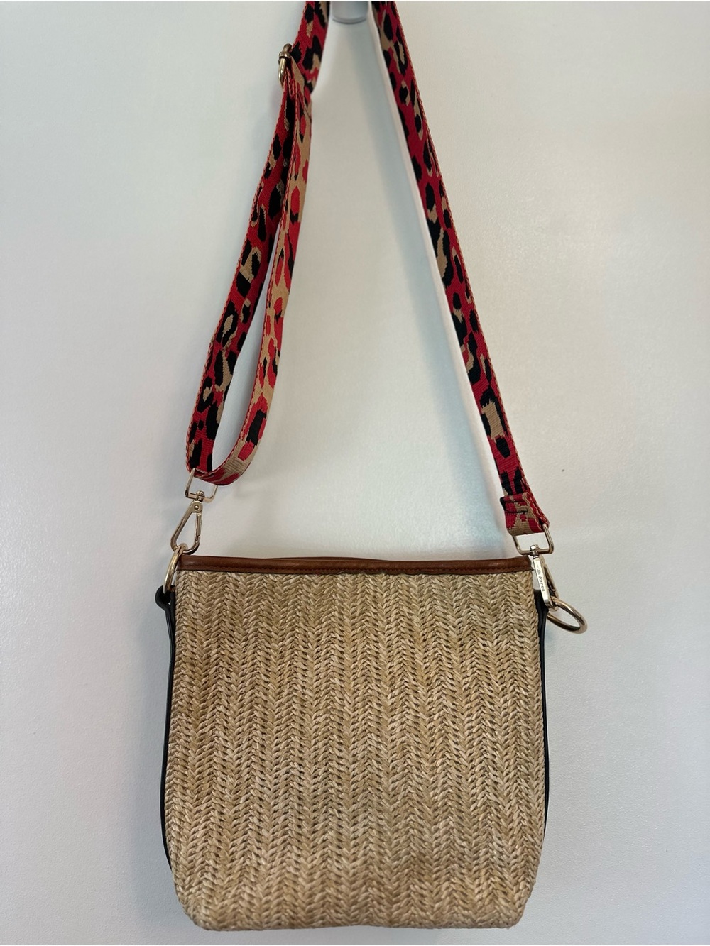 Woven Straw Crossbody Bag with Red Leopard Strap